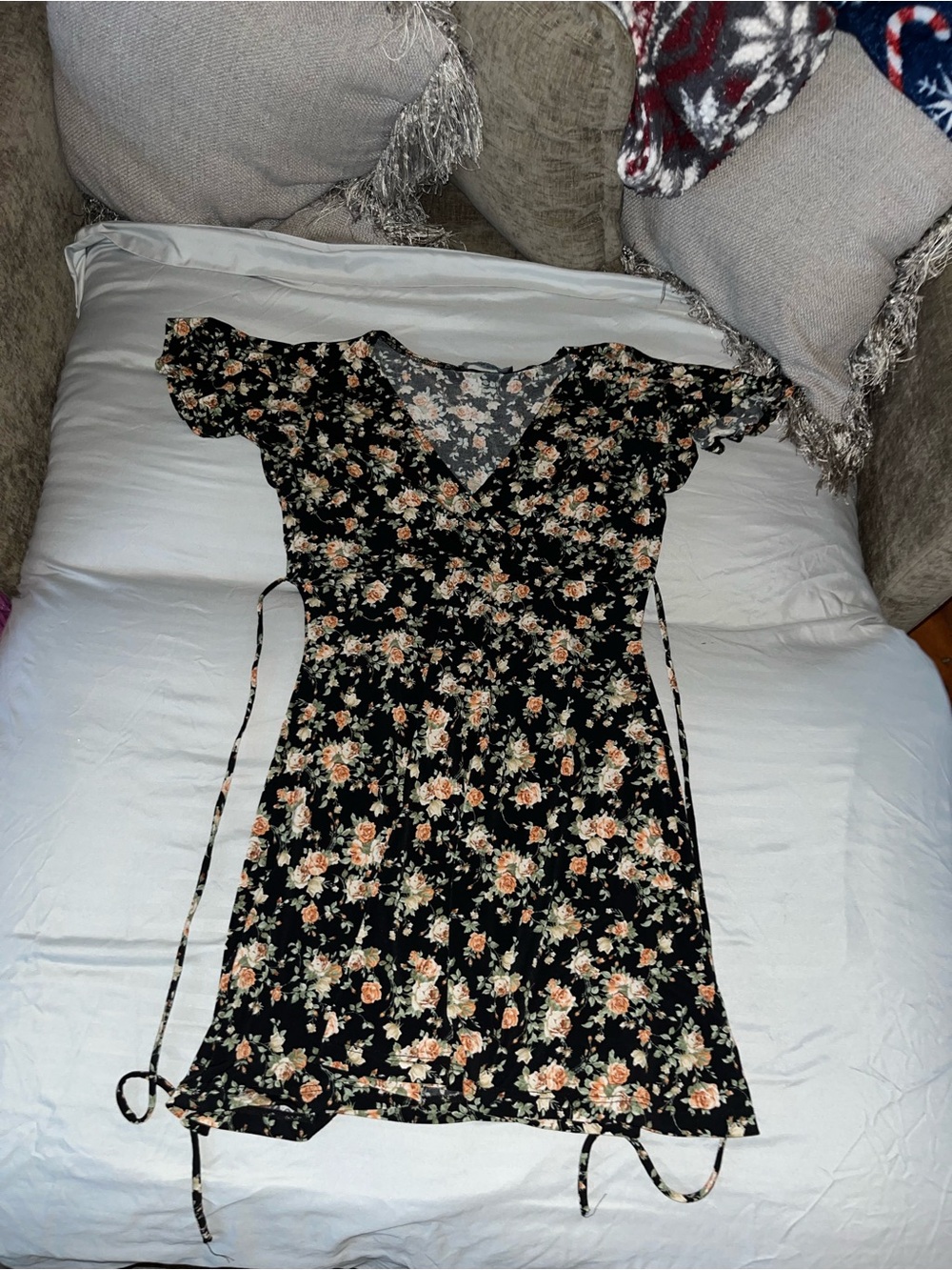 Black Floral Wrap Mini Dress with Peach Rose Print